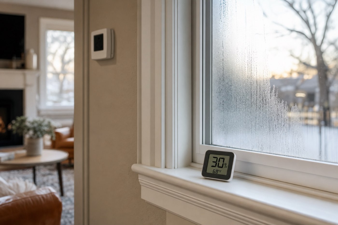 Digital hygrometer on a window sill beside a fogged window in a Fort Worth home on a cold morning