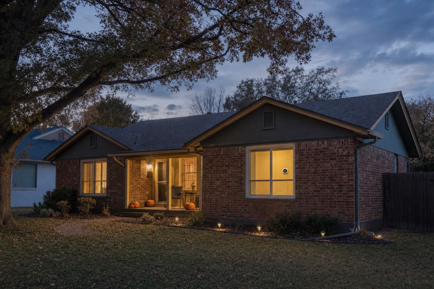 Brick Fort Worth home at dusk with pumpkins on the porch on a cool October evening
