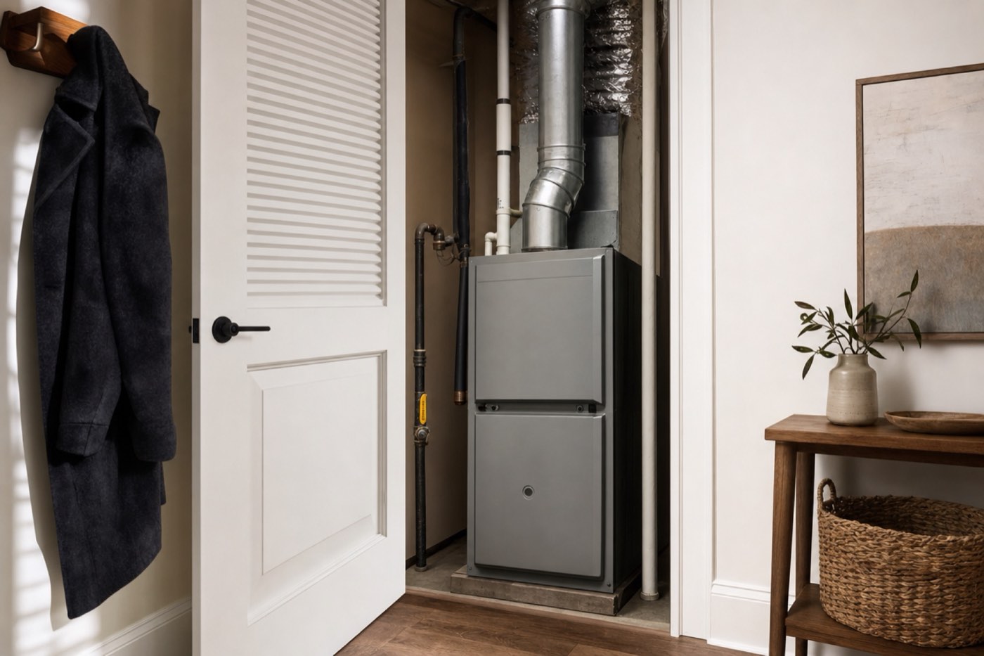 A gas furnace in a home utility closet